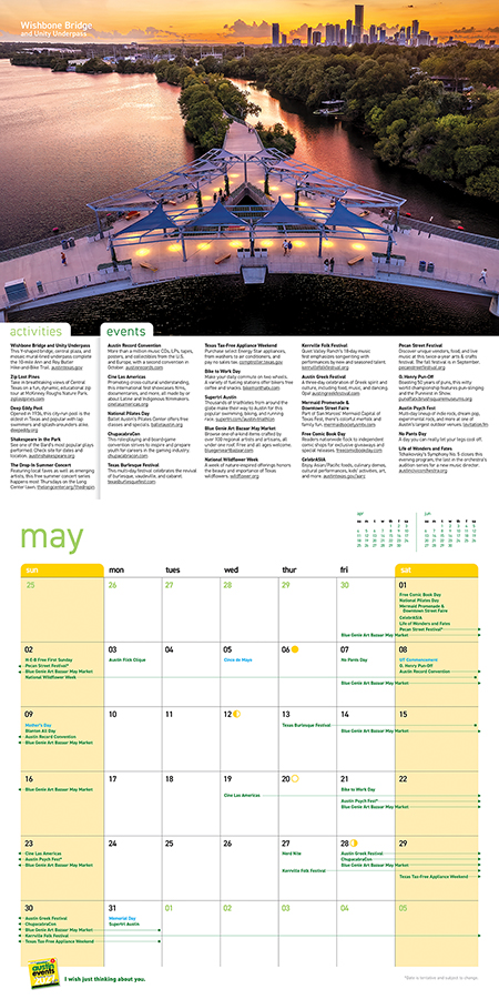 Austin Events 2027 Wall Calendar opened showing a photo of a bridge and downtown